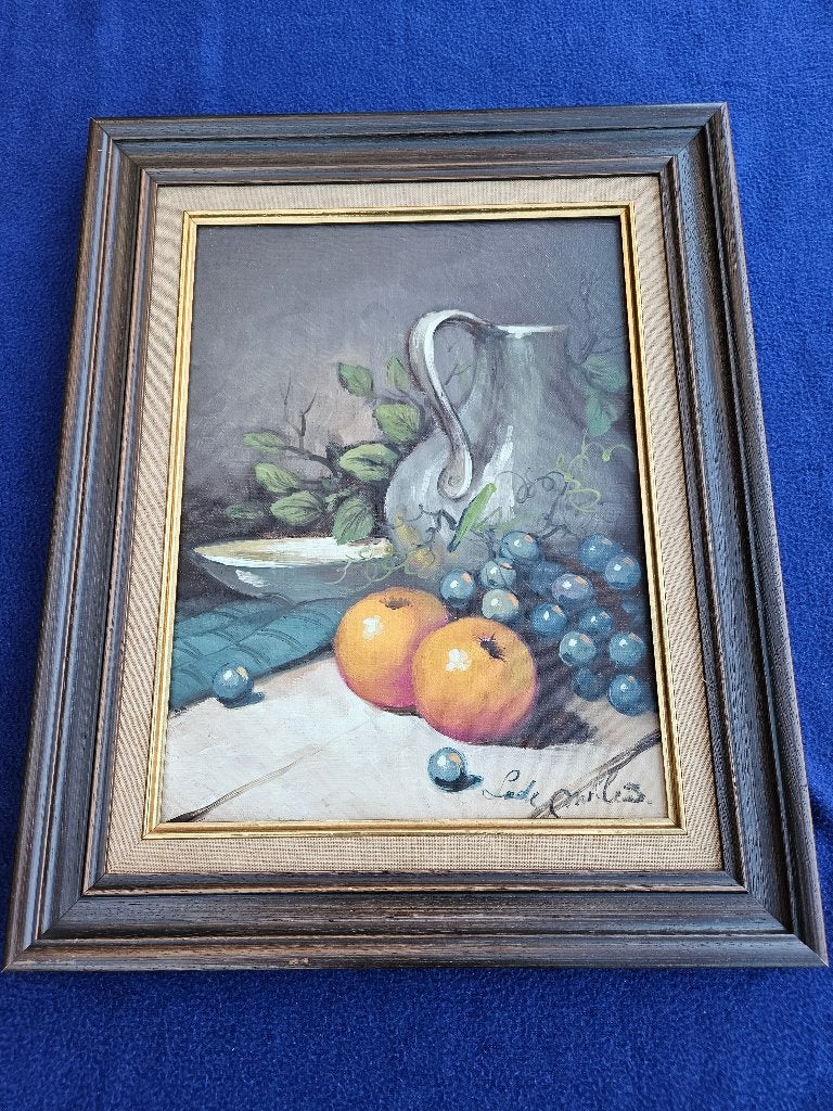 Sfeervol Stilleven Schilderij Fruit & Kan - Gesigneerd, Ophalen, Gebruikt, Schilderij, Oorspronkelijke maker