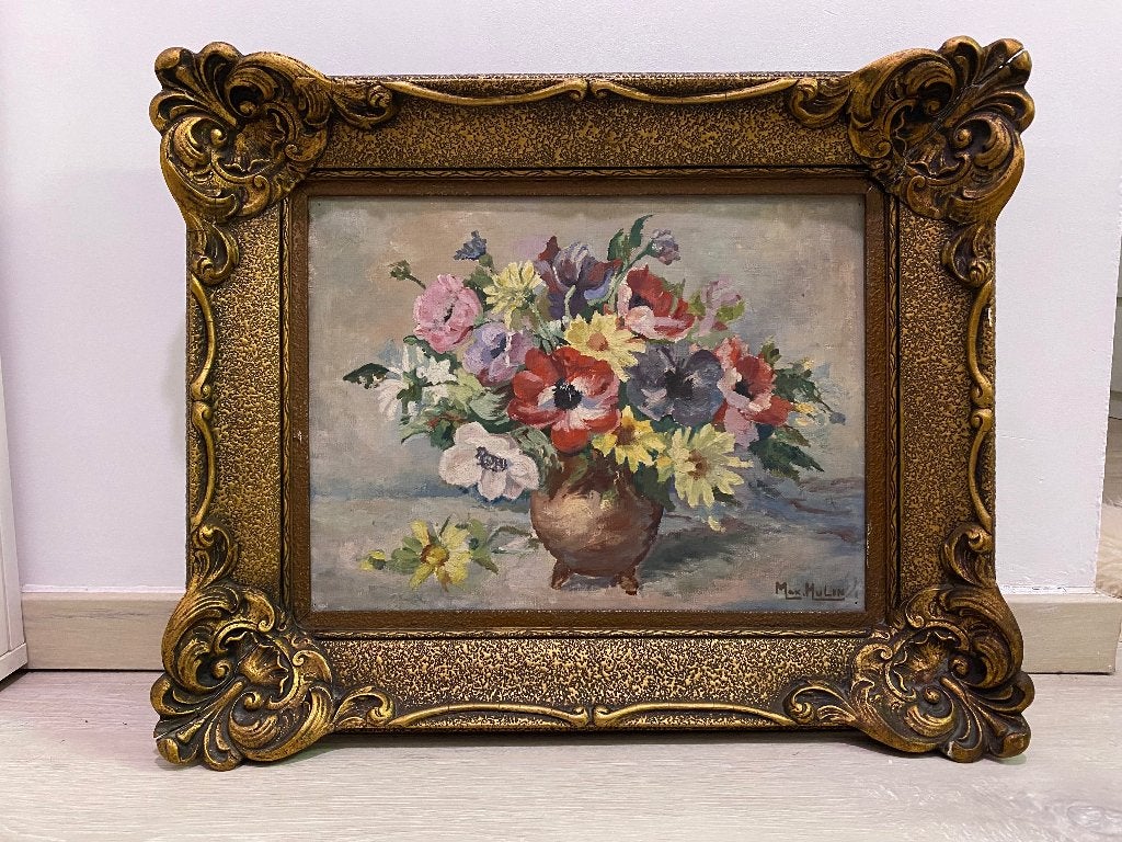 Huile sur toile signée Max Hulin – Cadre ancien doré, Antiquités & Art, Peinture à l'huile, Toile, Vintage, Fleurs