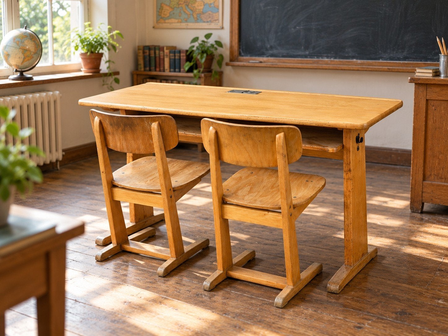 Vintage houten schoolbank / schooltafel met 2 stoelen – retr, Ophalen