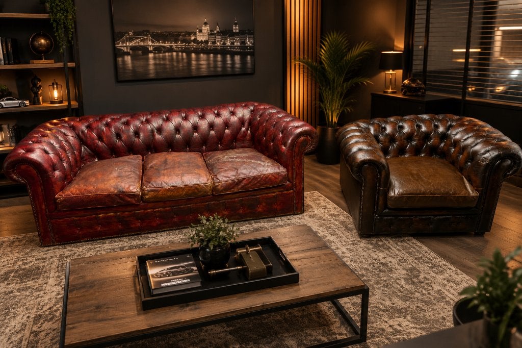 Ensemble Chesterfield ancien cuir – Canapé + Fauteuil, Enlèvement, Utilisé, Cuir