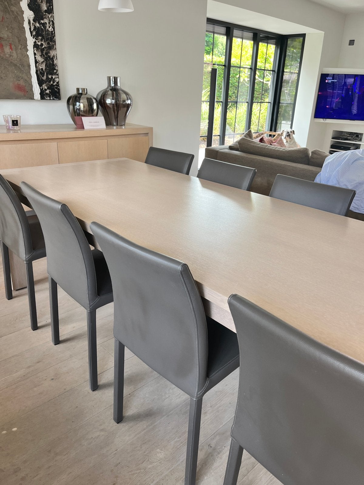 Eettafel met 8 lederen stoelen, Huis en Inrichting, Ophalen, Eikenhout, 200 cm of meer, 50 tot 100 cm