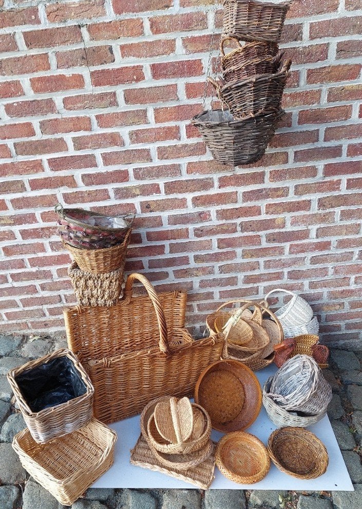 Rieten Manden Lot / Rotan Mand - Plantenmand & Haardhout, Ophalen, Zo goed als nieuw, Riet, Overige vormen