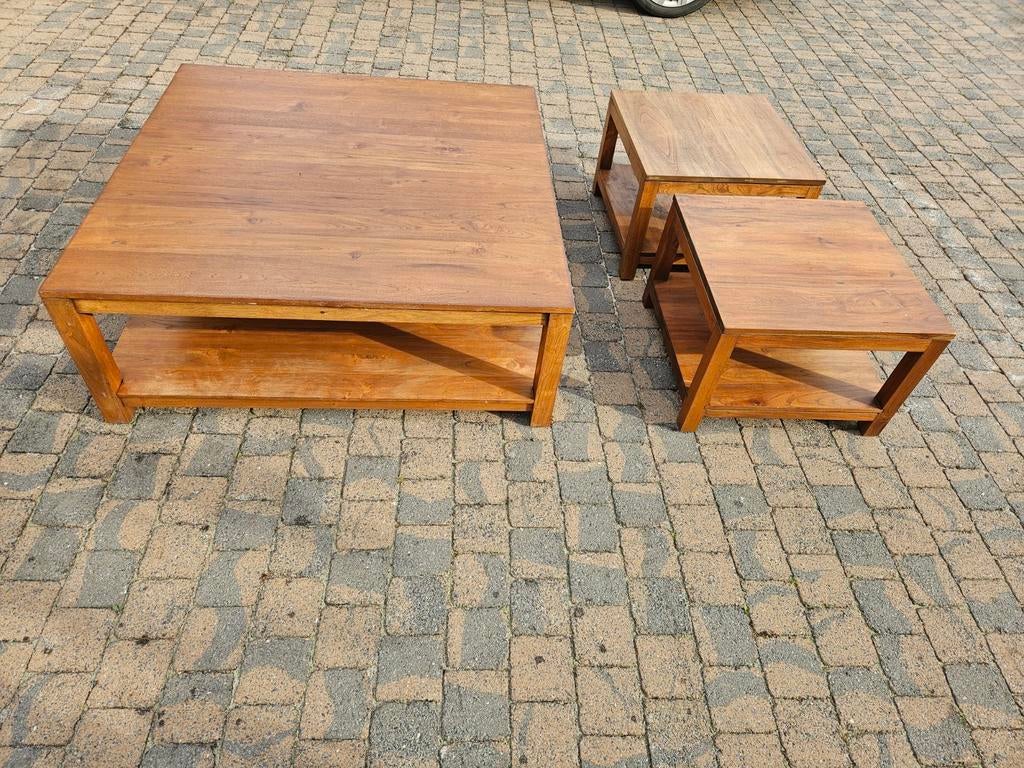 Teakhouten salontafel + 2 bijzettafels, Huis en Inrichting, Tafels | Salontafels, Ophalen