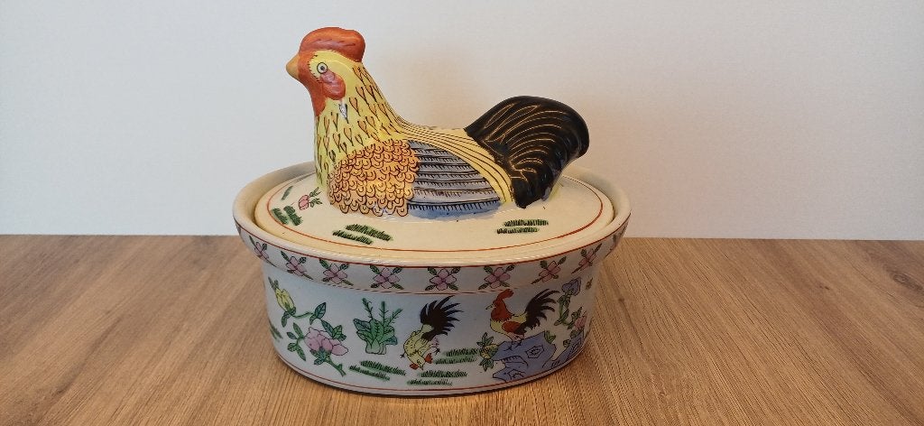 Vintage Chinese soepterrine in de vorm van een haan, Porselein of Keramiek, Schaal, Ophalen of Verzenden, Zo goed als nieuw