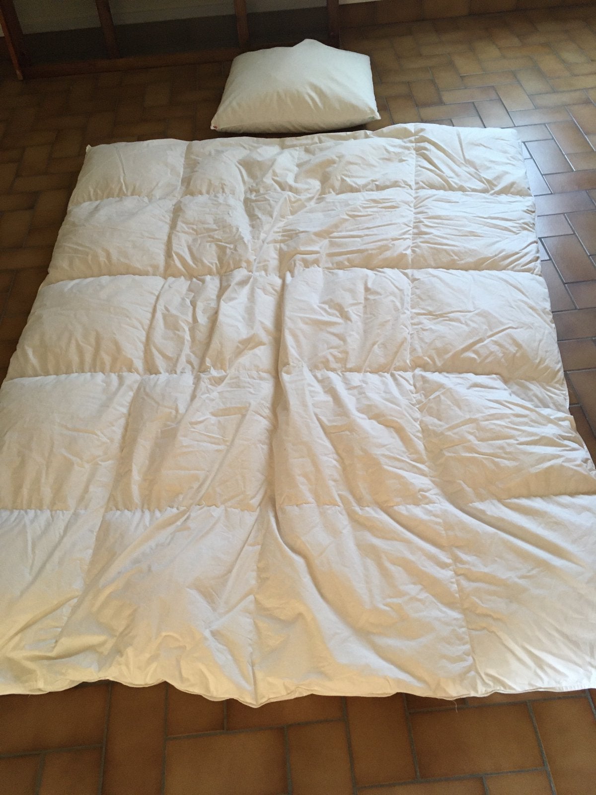 Dekbed met veren 1 pers. Breedte 1,80.+ kussen: gereinigd., Enlèvement, Comme neuf, Oreiller