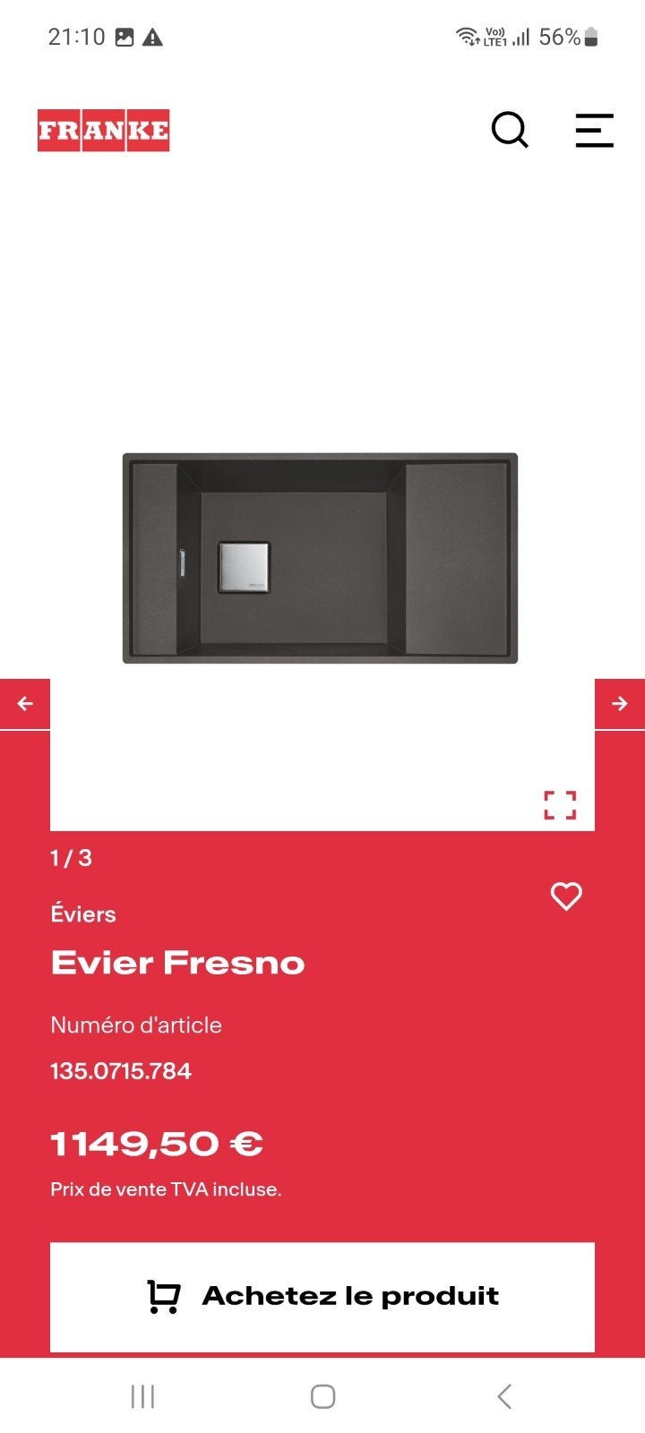 Évier de cuisine encastrable FRANKE neuf
en Fragranit, Enlèvement