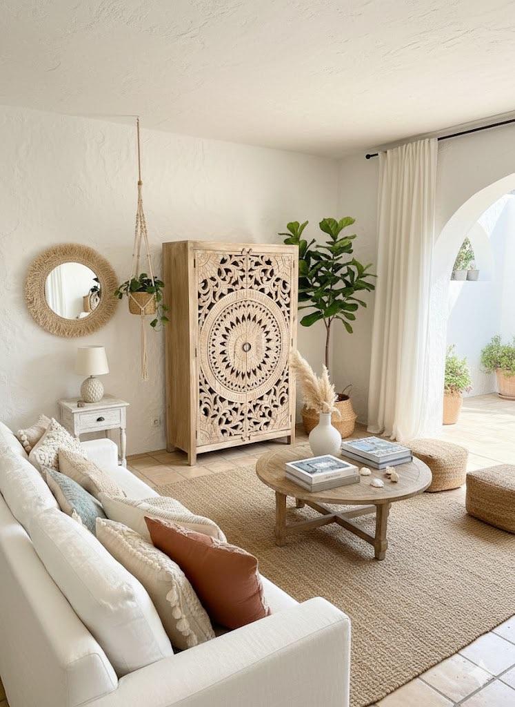 Handgesneden Kast uit India Uniek exemplaar Ibiza/Boho Nieuw, Met deur(en), 100 tot 150 cm, Ibiza/Boho/Botanisch, Nieuw