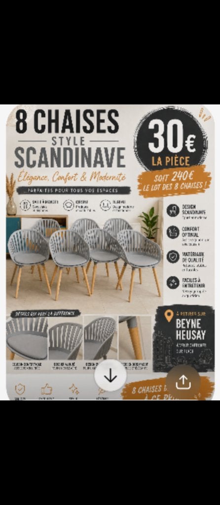 ️ 8 nouveaux fauteuils chaises style scandinave 30 eu pc., Neuf, Bois, Gris, Enlèvement