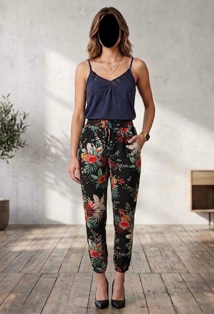 Broek met bloemenprint maat S, Ophalen of Verzenden, Zo goed als nieuw, Zwart