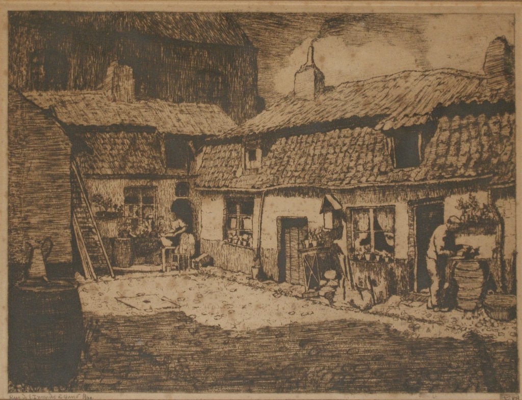 François Pycke (1890-1960): Brandstraat Gent 9/100 (54x44cm), Enlèvement ou Envoi, Eau-forte, Signé