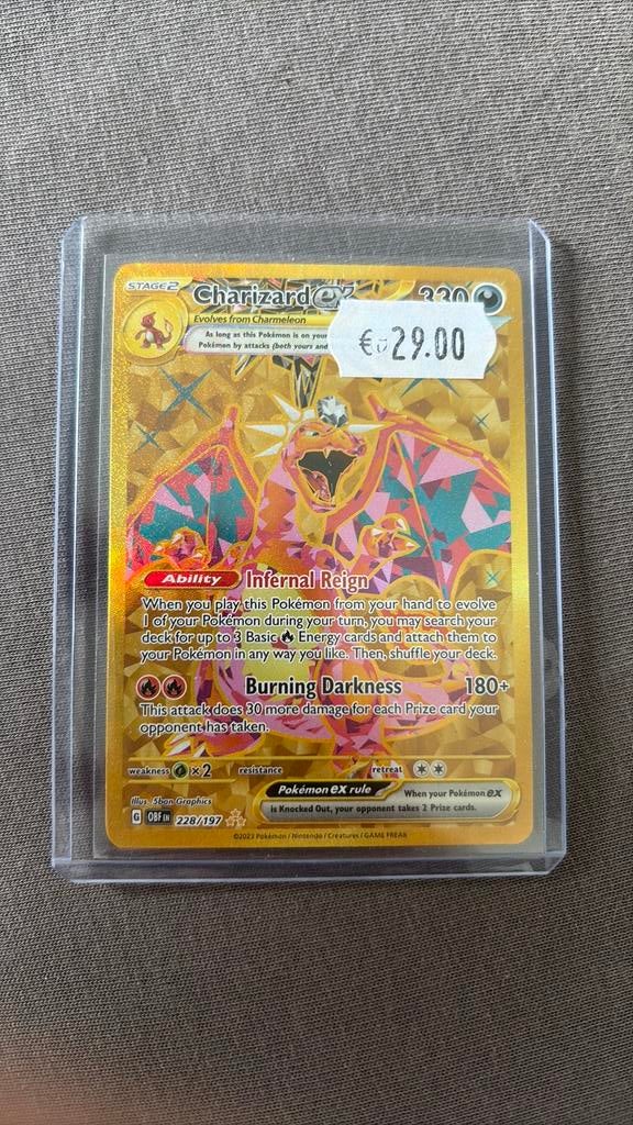Gold charizard ex en mewtwo en mew gx rainbow, Ophalen, Zo goed als nieuw, Losse kaart, Foil