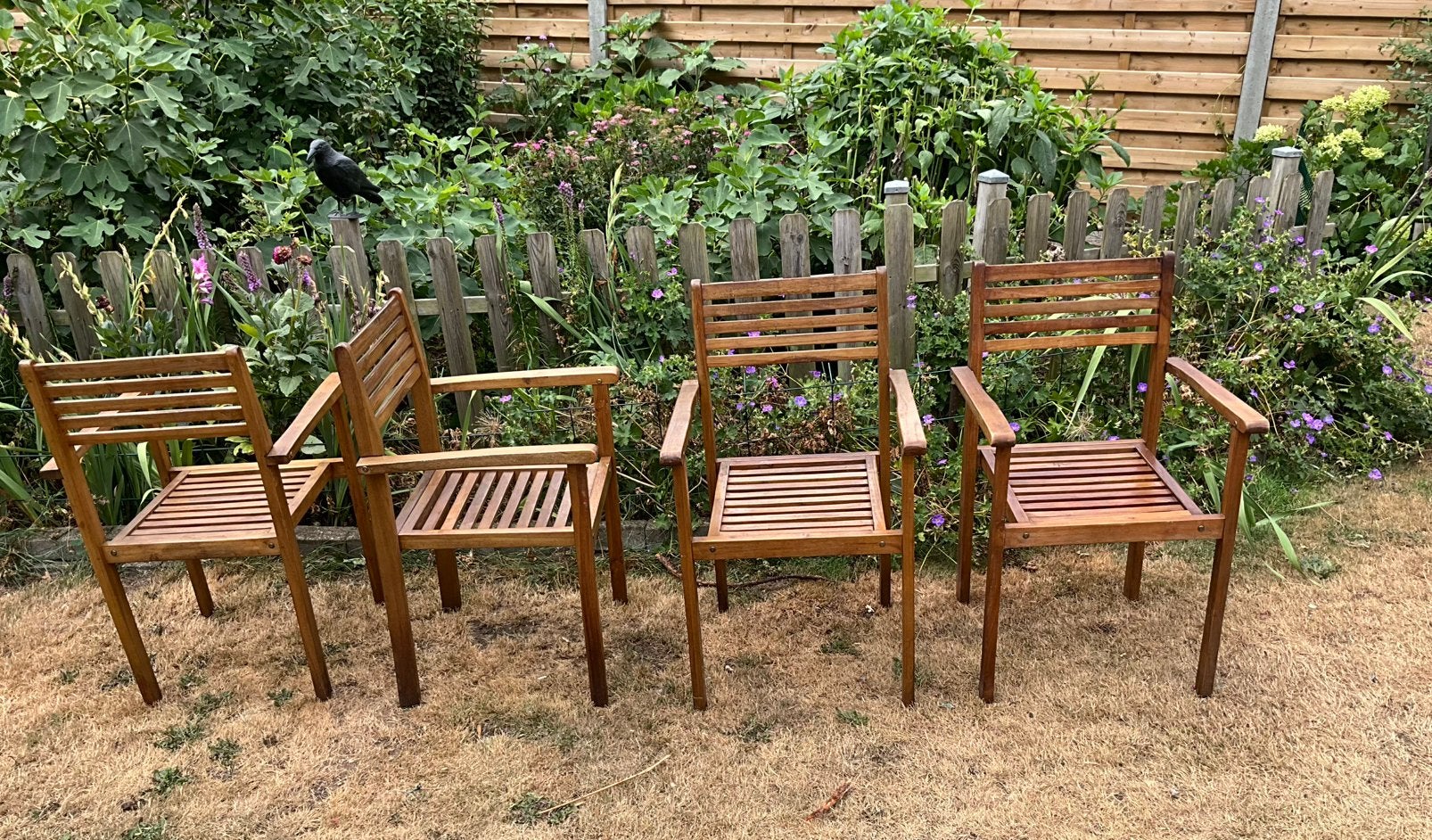 4 teakhouten tuinstoelen met armleuning en gratis ligstoel, Ophalen, Gebruikt, Hout