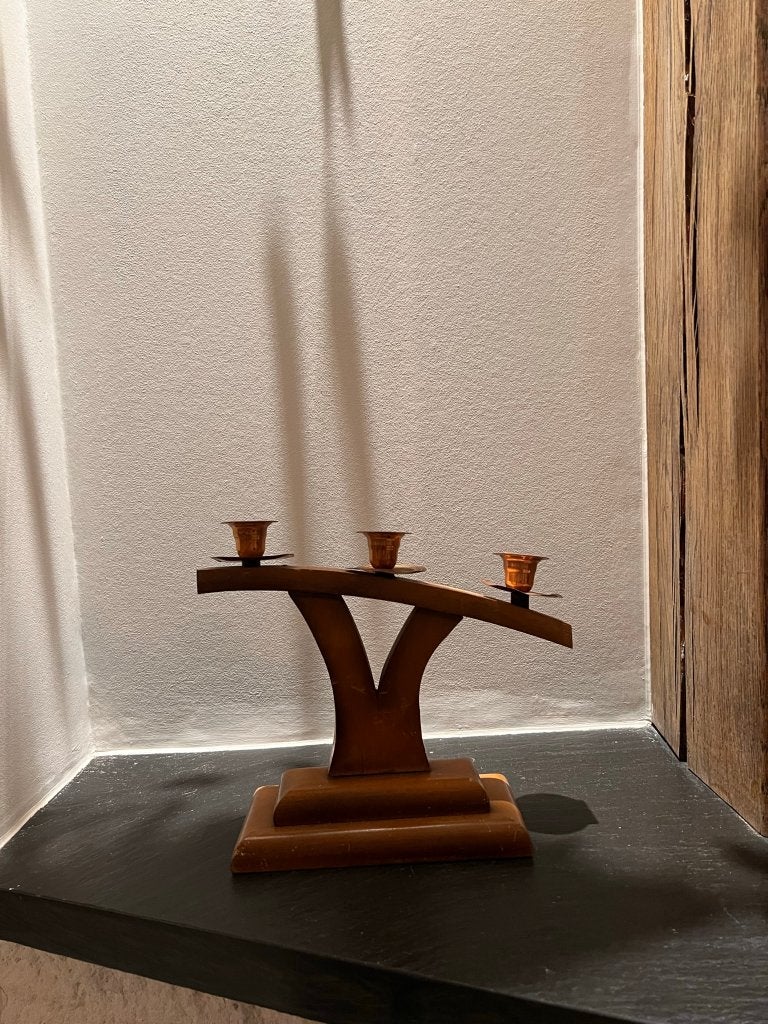 Vintage houten kandelaar, 3 kaarsen, Ophalen of Verzenden