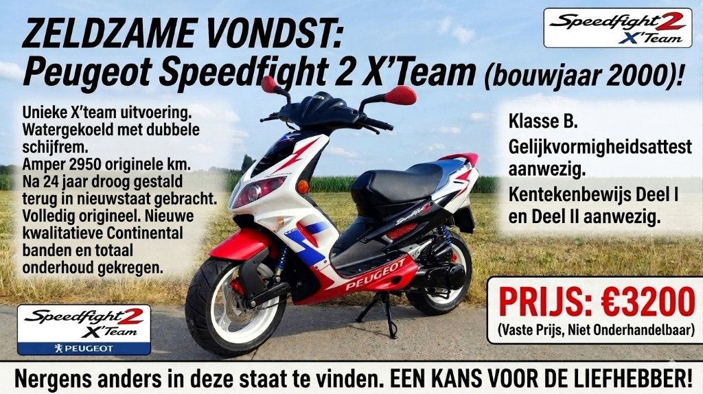 Unieke uiterst zeldzame Speedfight 2 X'Team met amper 2950km, Fietsen en Brommers, Scooters | Peugeot, Ophalen, Nieuw, 49 cc, Klasse B (45 km/u)