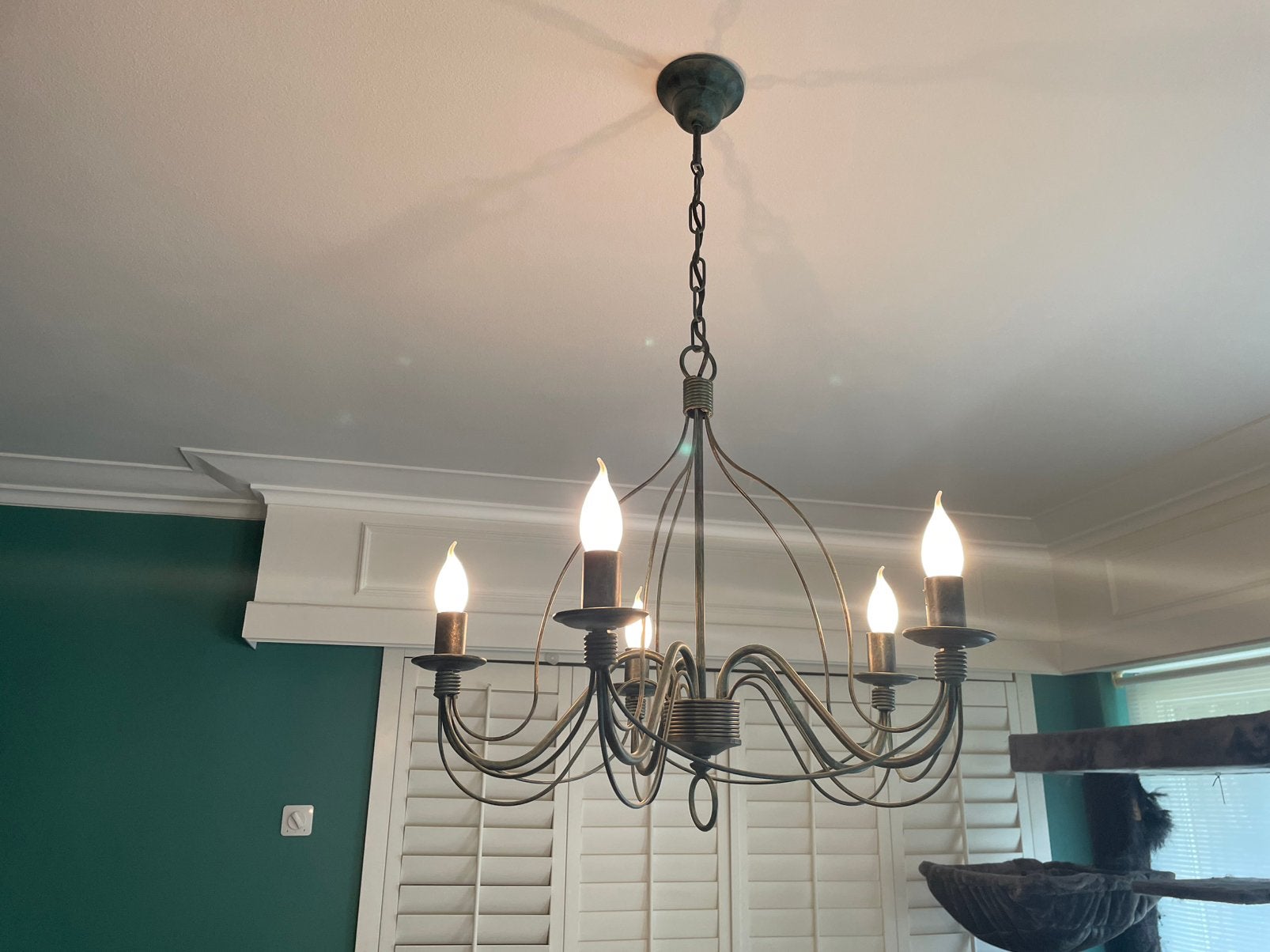 Luster / Kroonluchter 5-armig – Groen Brons, Huis en Inrichting, Lampen | Kroonluchters, Gebruikt, Metaal, Ophalen