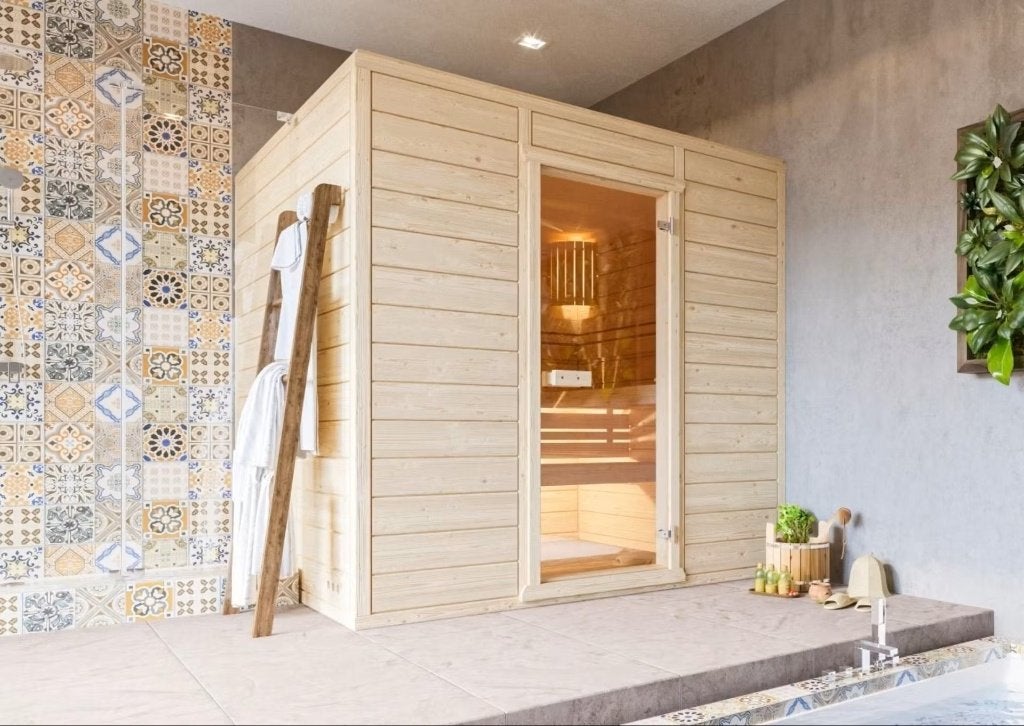 Sauna 3m² (2 x 1.5 m) in stapelbalken, Sport en Fitness, Sauna, Ophalen, Nieuw, Fins of Traditioneel, Complete sauna
