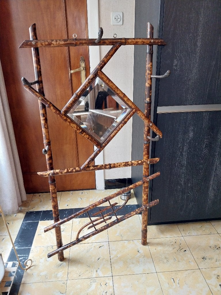 Vintage bamboe hangkapstok met spiegel, Antiek en Kunst, Ophalen