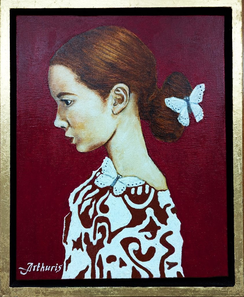 Peinture « Portrait d'une jeune fille », Textile, Peinture à l'huile, Encadré, Portrait