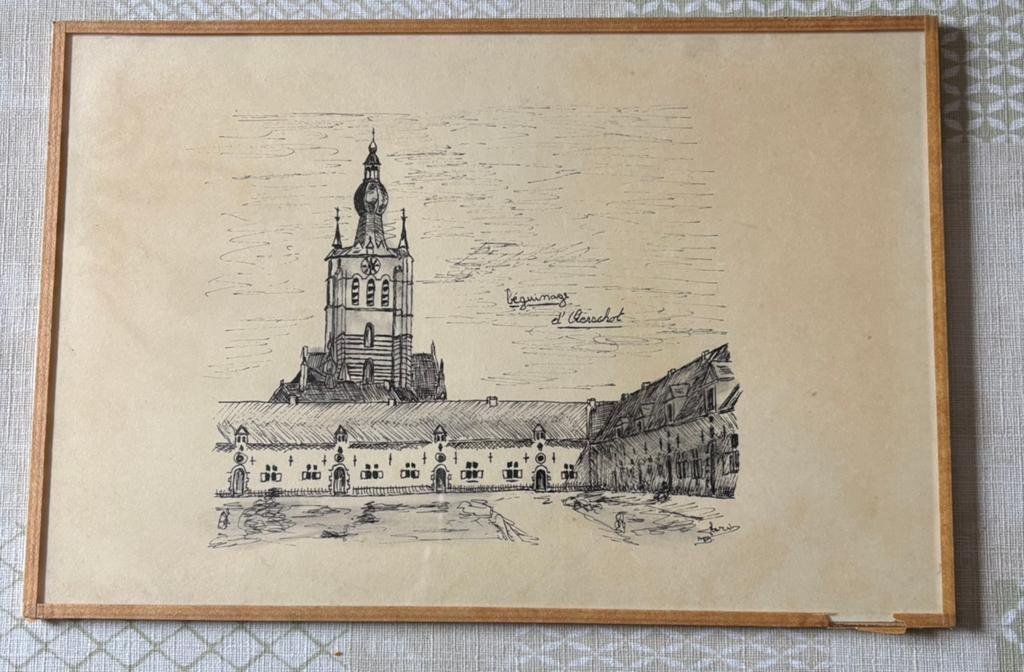 Tekening/ ets Begijnhof Aarschot, Antiek en Kunst, Kunst | Etsen en Gravures, Ophalen, Ets