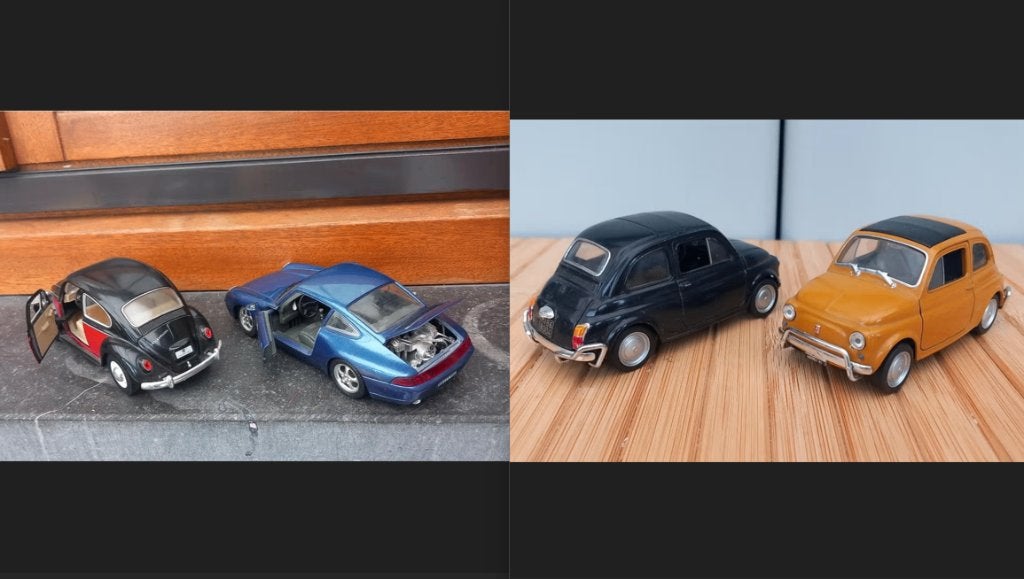 2x Fiat 500 oldtimer + Porsche 911 & Vw Beetle, scale 1:24, Ophalen, Zo goed als nieuw, Auto