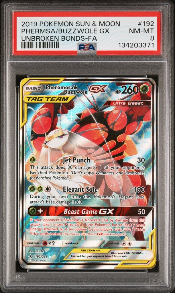 Pokemon PHERMSA/BUZZWOLE GX Unbroken Bonds Sun & Moon PSA 8, Enlèvement ou Envoi, Comme neuf, Cartes en vrac, Foil