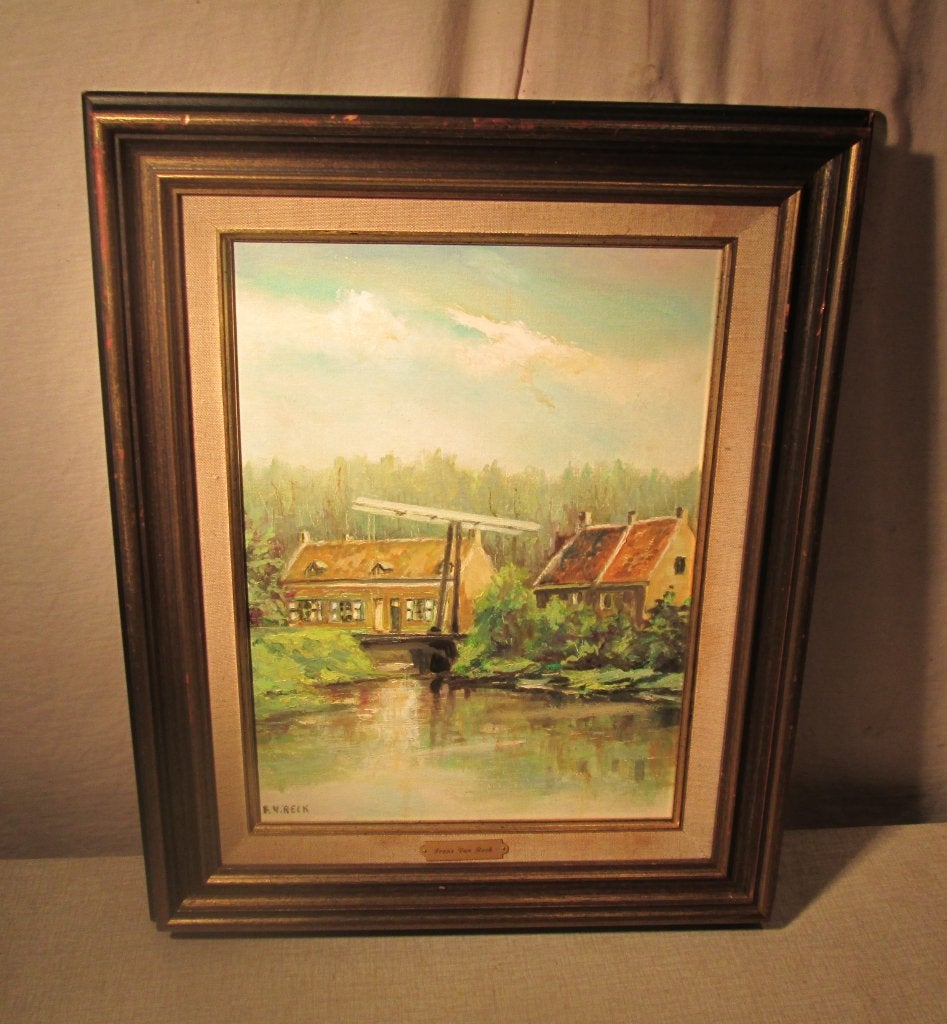 Œuvre magnifiquement peinte « Pont et eau » - Frans van Reck, Enlèvement ou Envoi, Peinture à l'huile, Paysage, Encadré
