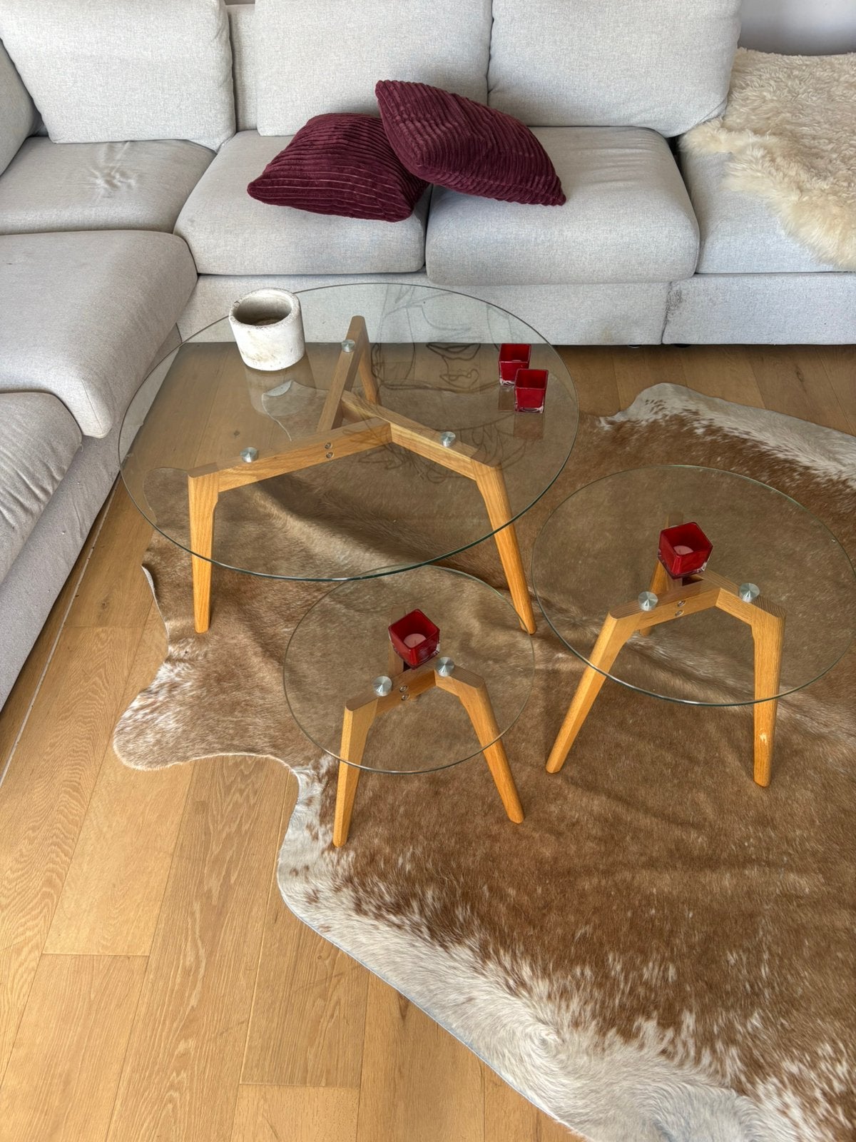 design salontafels / bijzettafels – hout & glas, Ophalen, Zo goed als nieuw, Rond, Glas