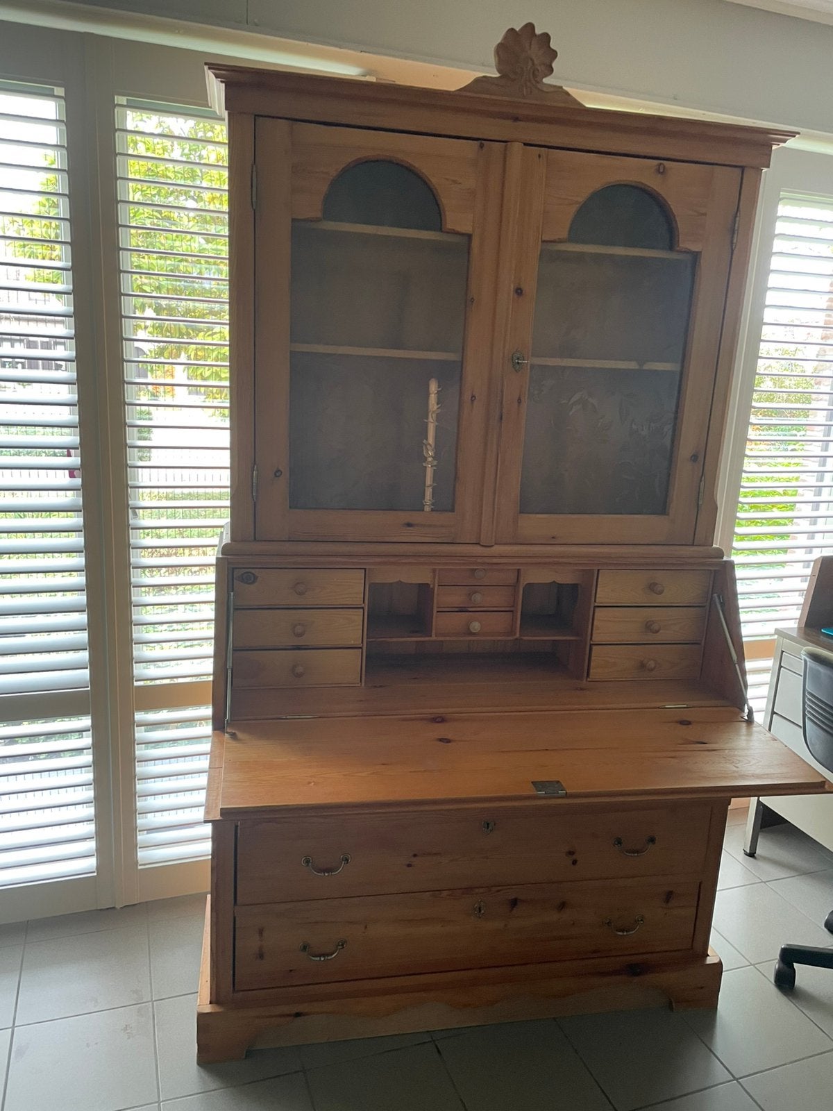 Grenen secretaire met bovenkast, Huis en Inrichting, Ophalen, Gebruikt, Warme Noorse landelijke stijl