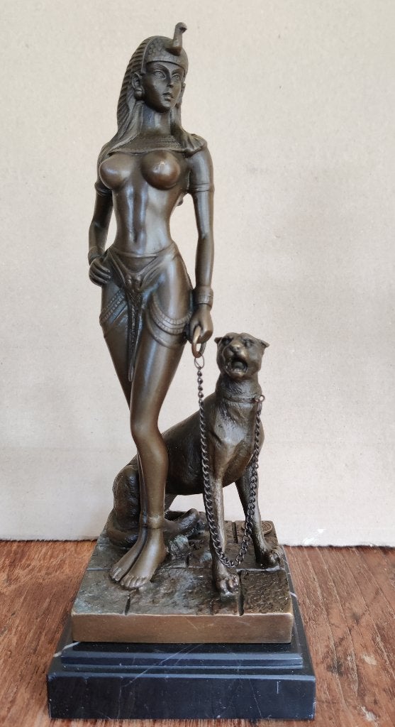 Cleopatra met Panter – Art Deco Stijl - Bronzen beeld, Ophalen of Verzenden, Brons