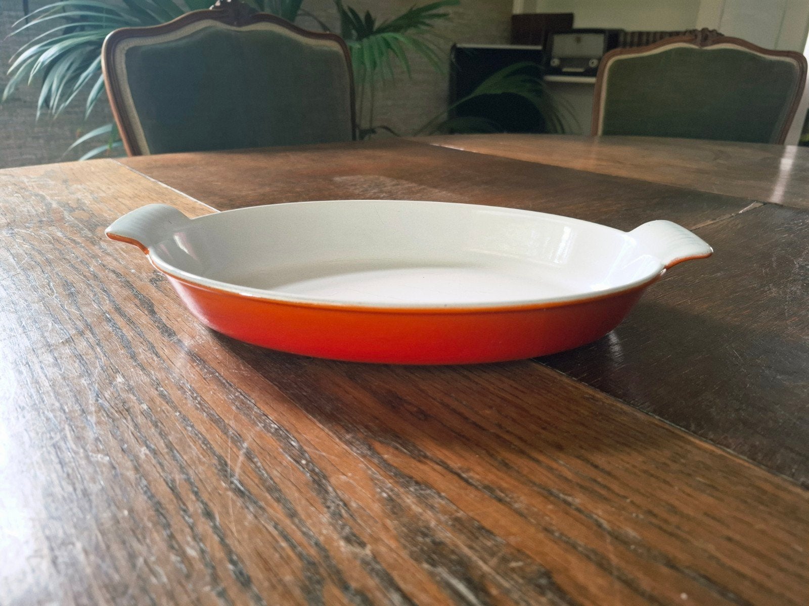 Vintage oranje ovenschaal Cousances, Antiek en Kunst, Antiek | Schalen, Ophalen of Verzenden