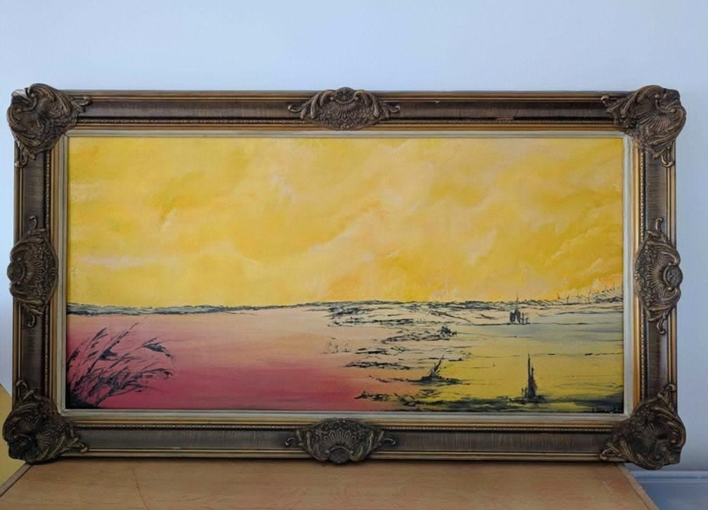 Grande peinture d'ambiance « Sentiment de bonheur », Daté, Panneau, Paysage, Enlèvement