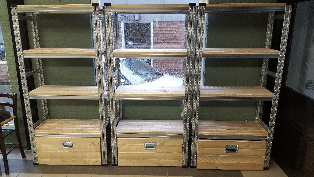 Unieke industriele ladekast, stelling staal met steigerhout, Ophalen, Nieuw, 200 cm of meer