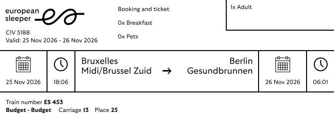 billet european Sleeper - mercredi 25 novembre 2026 18h06, Tickets en Kaartjes, Trein, Bus en Vliegtuig, Eén persoon, Trein, Met bestemming of datum