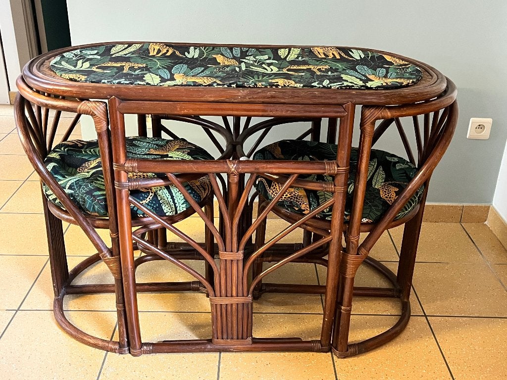 Vintage Rotan dinnette tafel en stoelen, Vintage, Comme neuf, Enlèvement, Brun