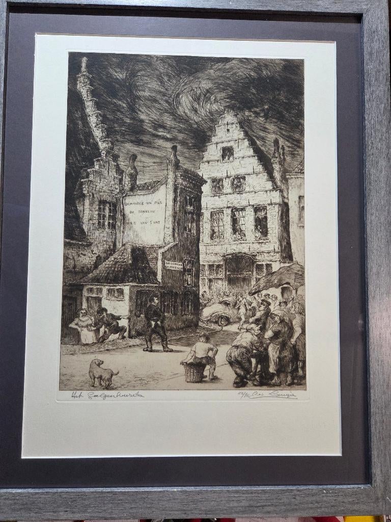 G. Langie; ets: 'Het Galgenhuizeken', Gentse kunstenaar, Ophalen of Verzenden