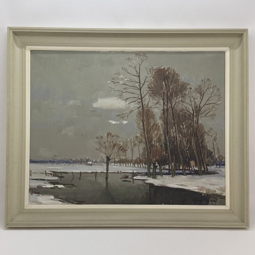 D'HEEDENE getekend (Georges) 'Winters rivierlandschap', Antiek en Kunst, Ophalen