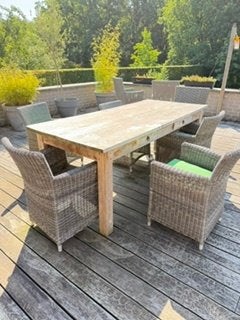 Teak tuinset – tafel + 10 stoelen – grote gezinstafel, Ophalen, Gebruikt, 8 zitplaatsen, Tuinset