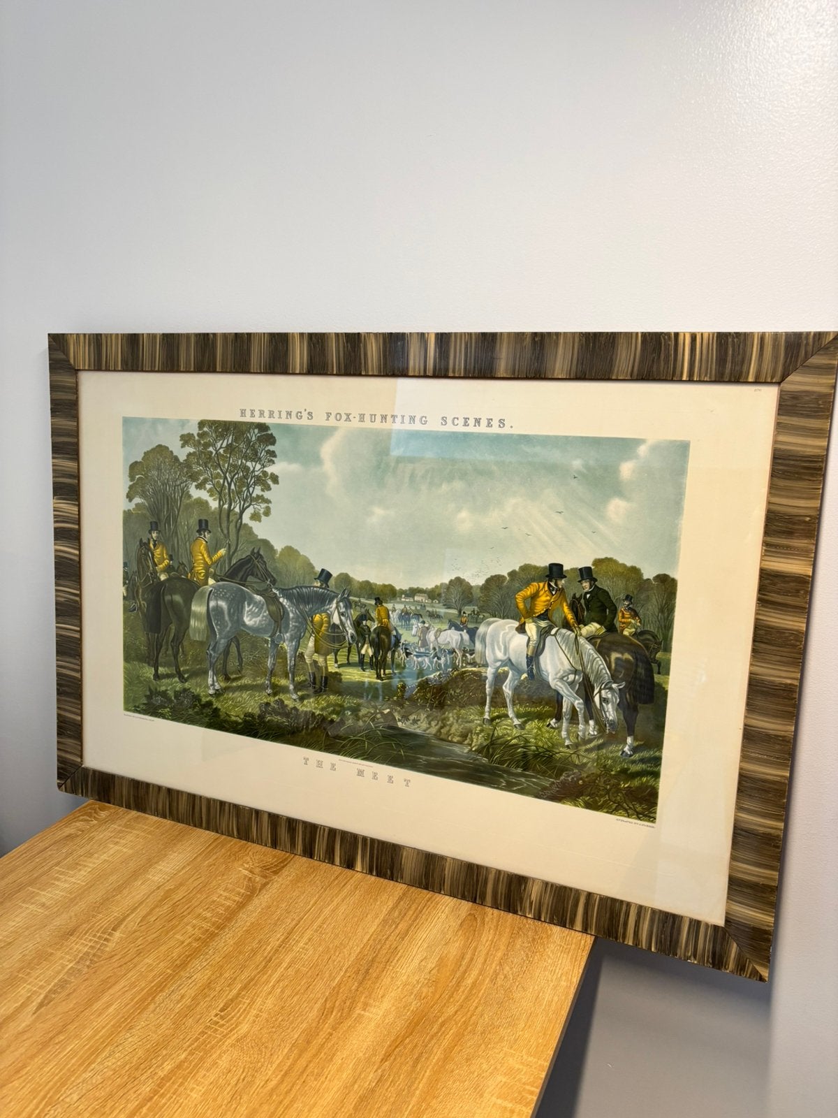 Groot Engels Jachttafereel "The Meet", Antiek en Kunst, Kunst | Schilderijen | Klassiek, Ophalen, Vintage, Achter glas