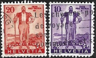2 Postzegels Zwitserland 1936 Freiburger Senn, Ophalen of Verzenden, Gestempeld
