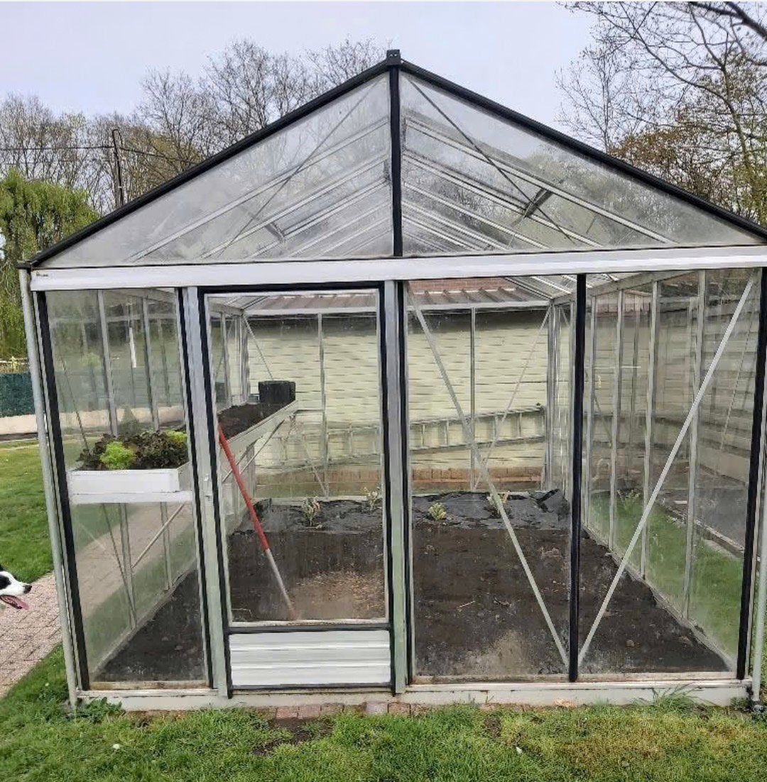 Mooie, stevige en ruime (14,25m2) serre met zaaibak, Enlèvement, Verre, Comme neuf