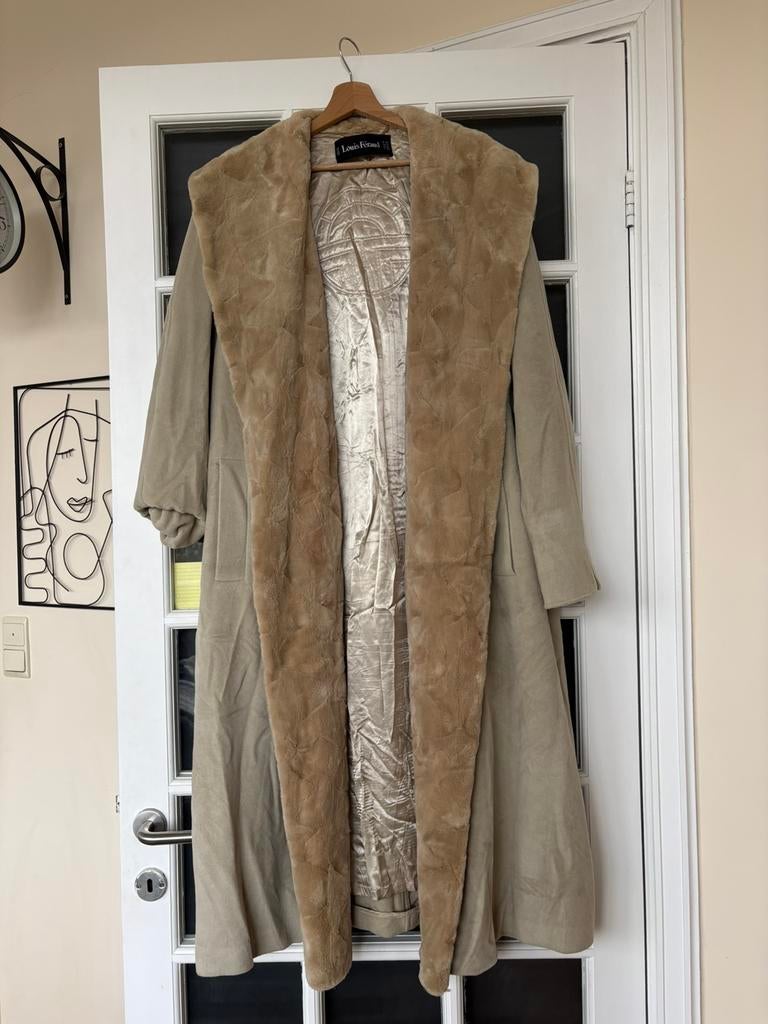 Manteau long Louis Féraud cachemire/angora + col fourrure, Ophalen of Verzenden, Gedragen, Beige, Jas of Mantel