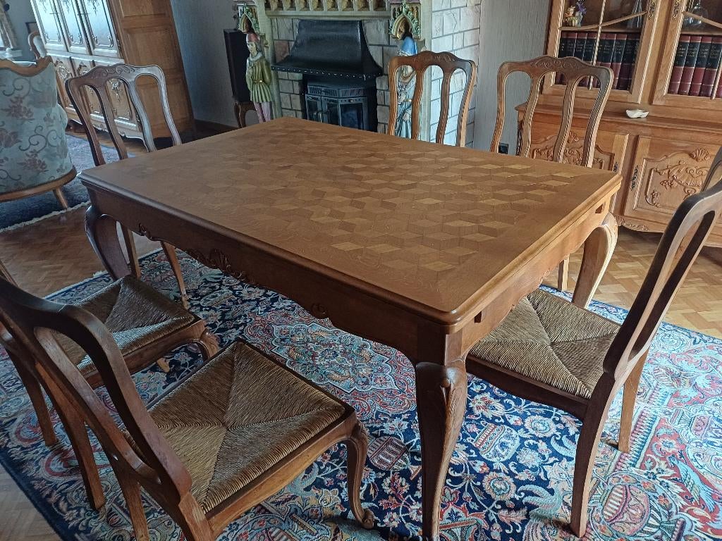Vintage eettafel (+ stoelen), Ophalen, Gebruikt, 100 tot 150 cm, Eikenhout