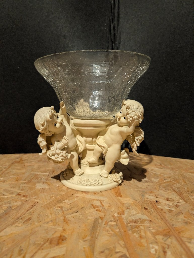 Coupe décorative verre craquelé sur socle 2 angelots, Enlèvement ou Envoi