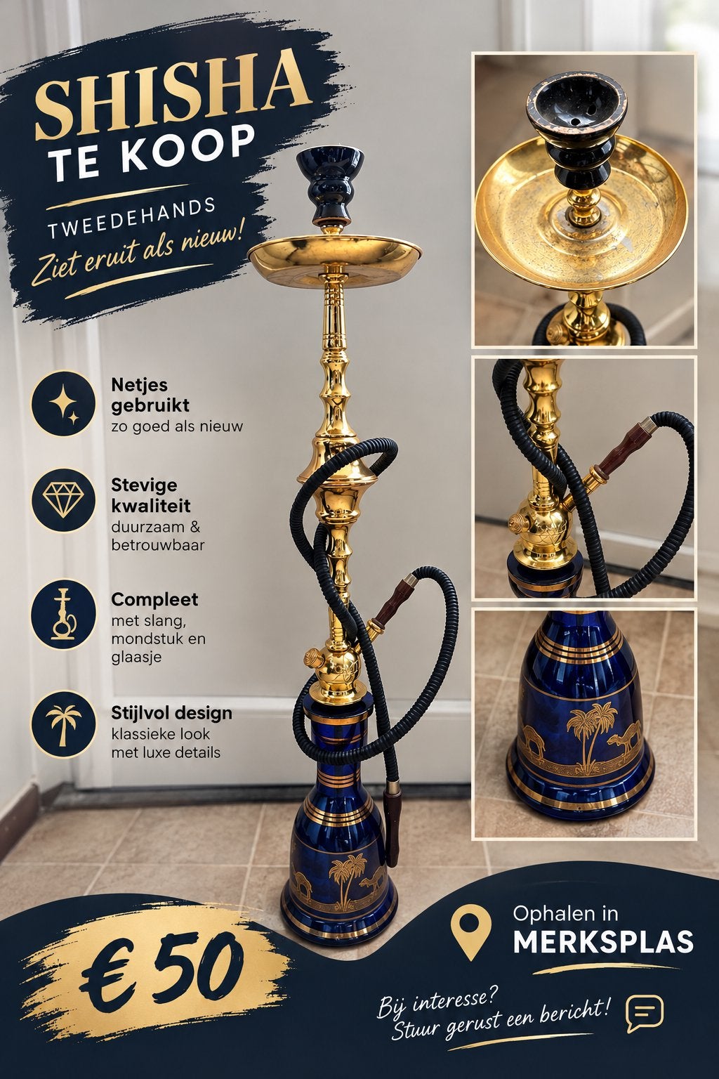 Stijlvolle blauw-gouden shisha te koop!, Enlèvement, Comme neuf