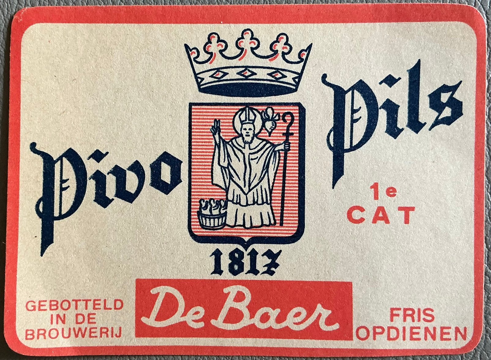 Oud BR.DE BAER/PIVO PILS/bieretiket, Ophalen of Verzenden, Zo goed als nieuw, Overige typen