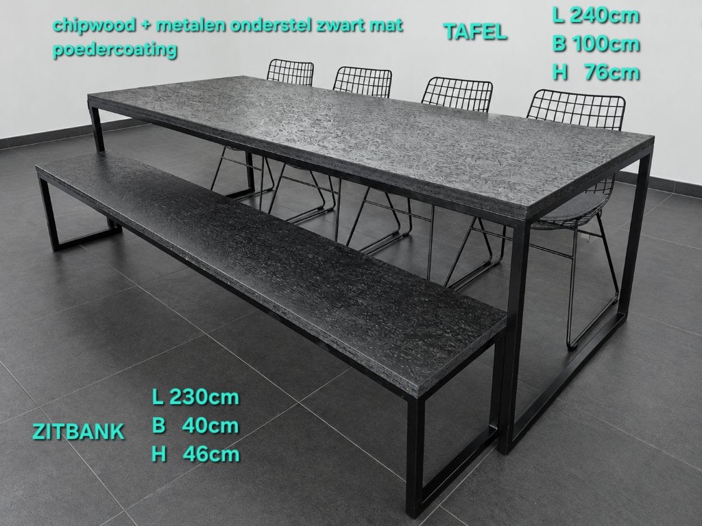 Eettafel 8pers zwart + zitbank, Huis en Inrichting, 100 tot 150 cm, 200 cm of meer, Ophalen of Verzenden, Zo goed als nieuw