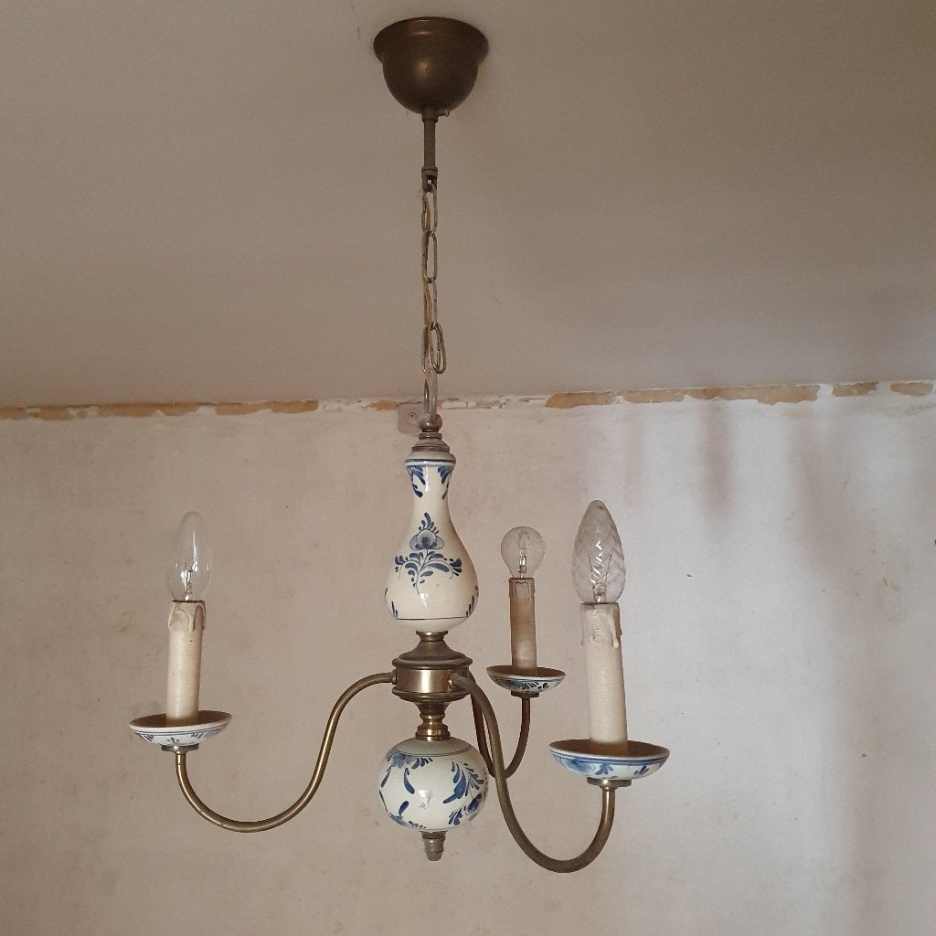 Vintage kroonluchter met 3 takken Delfts blauw porselein, Ophalen, Gebruikt