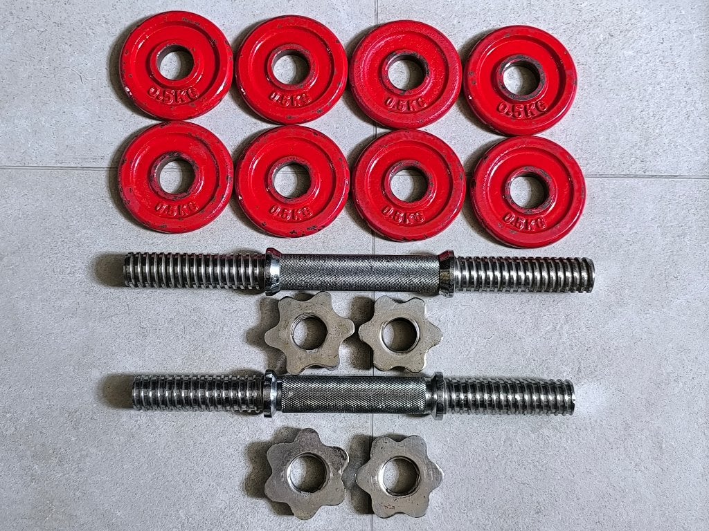 Ensemble d'haltères avec des plaques Rouge (30mm), Enlèvement, Utilisé, Bras, Set d’haltères