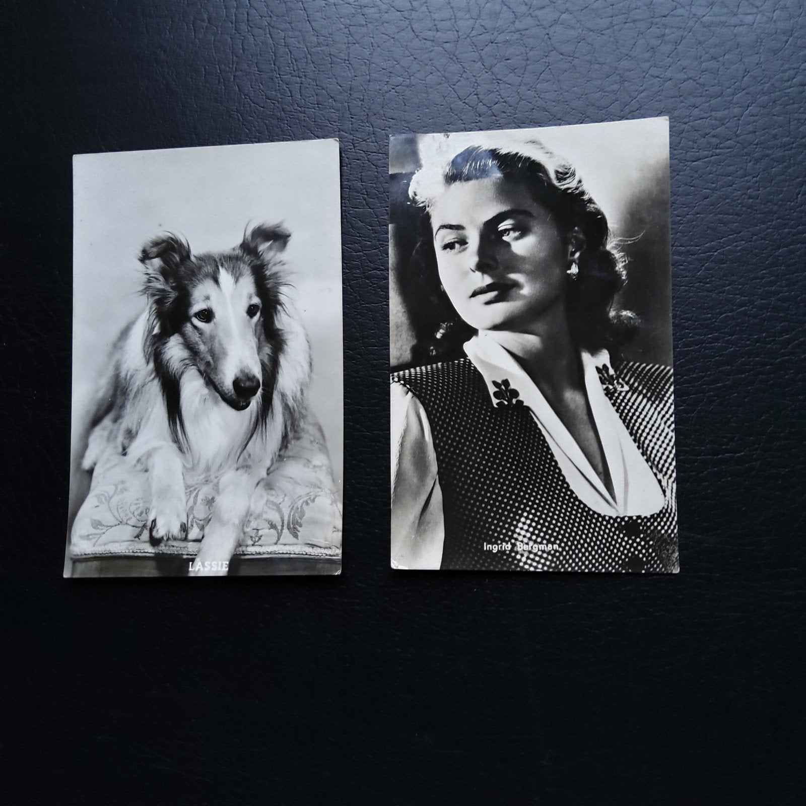 Lassie & Ingrid Bergman. 2 postkaartfoto's. Jaren 50., Ophalen of Verzenden, Foto of Kaart
