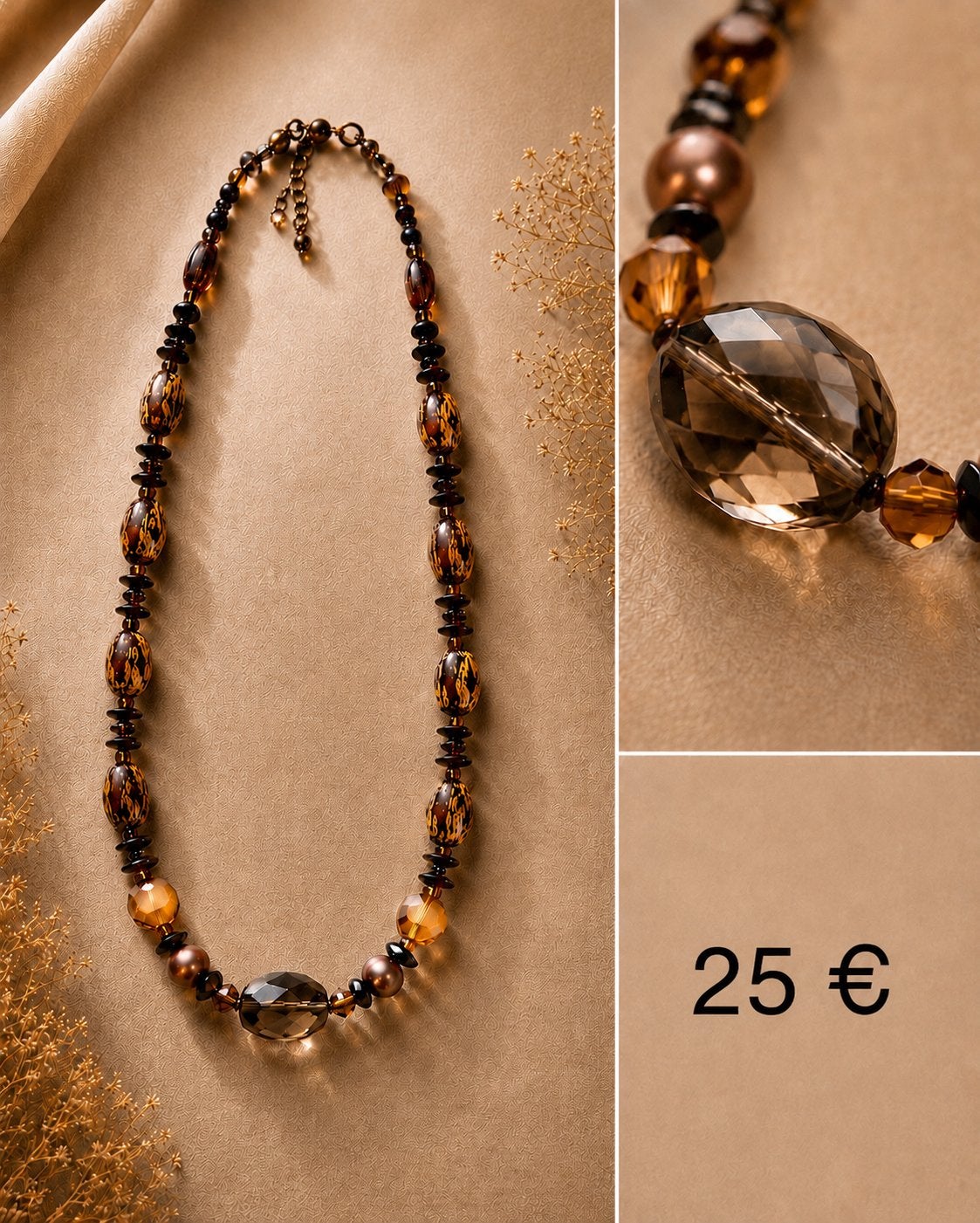 Elegante halsketting van rookkwarts en agaat, Ophalen, Verstelbaar, Bruin, Zo goed als nieuw
